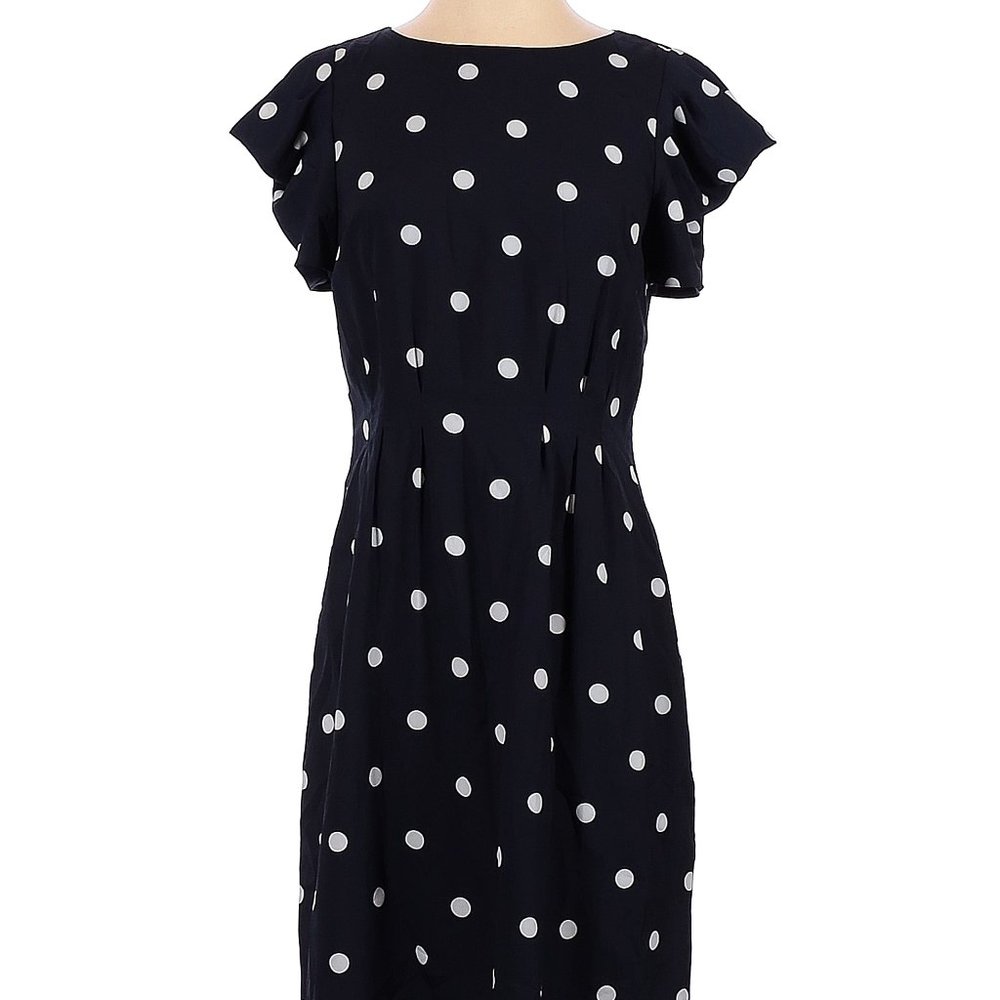 Banana Republic Dress Puff Pleated Short Sleeve Mini Zip Lined Navy Polka Do